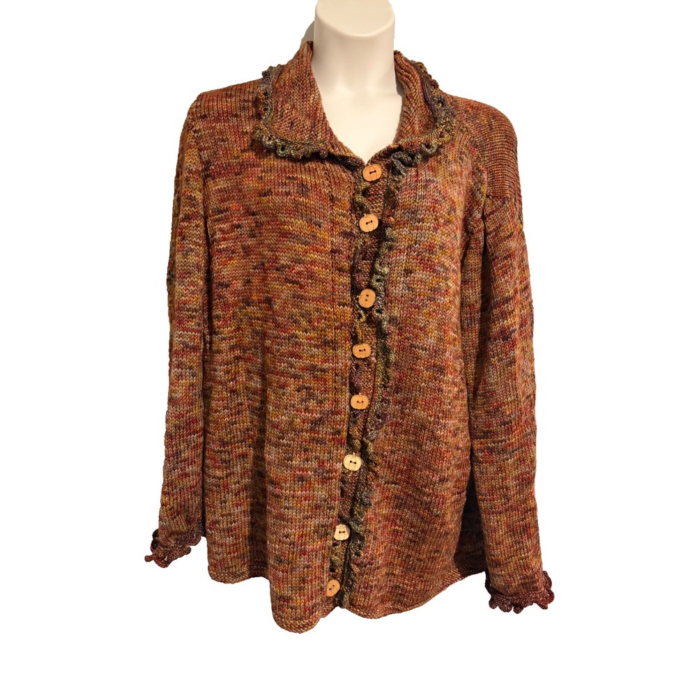 Artisan Rust Cardigan Sweater-2-3XL~Hand Knit Autumn Pumpkin Btns Crocheted Trim